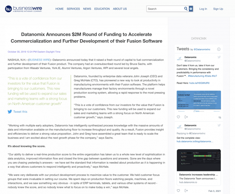 Datanomix Announces $2M Round of Funding to Accelerate Commercialization and Further Development of their Fusion Software