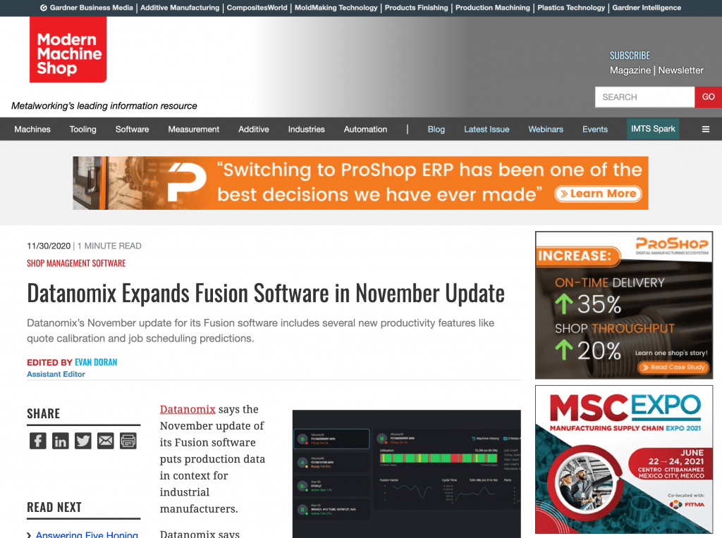 Datanomix Expands Fusion Software in November Update