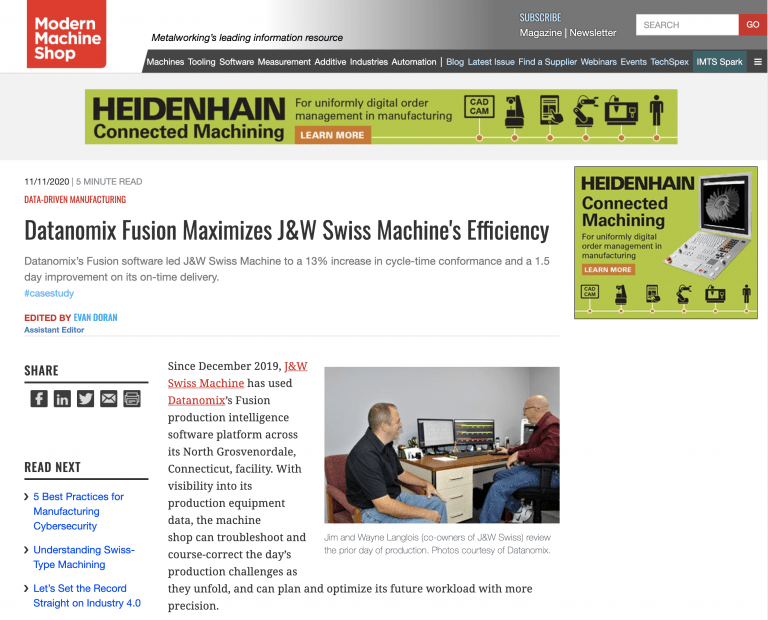 J&W Swiss Machine prepares for growth using Fusion production intelligence from Datanomix