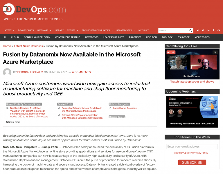 Fusion by Datanomix Now Available in the Microsoft Azure Marketplace