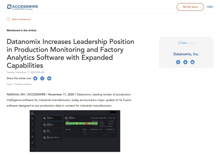 Datanomix Increases Leadership Position in Production Monitoring and Factory Analytics Software with Expanded Capabilities