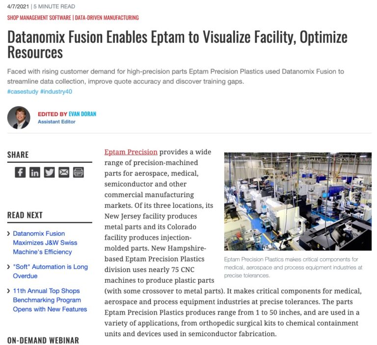 Datanomix Fusion Enables Eptam to Visualize Facility, Optimize Resources