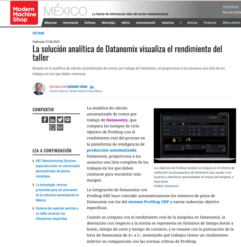MMS México informa sobre la solución de análisis de Datanomix 