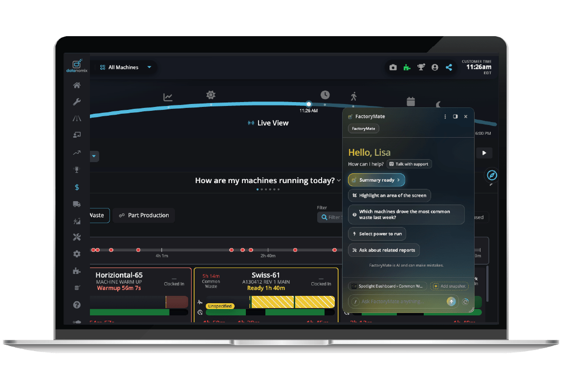 FactoryMate, the analyst built into the Datanomix app, opens from a floating orb on any report page and greets the operator by name with a set of ready-made questions about the data already on screen. 