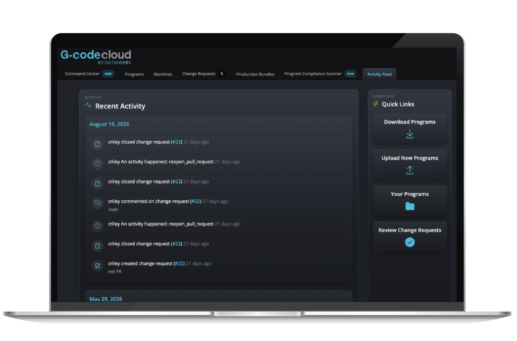 Every program change is logged and visible. See who published what, when, and what they changed — without walking the floor or digging through a network drive. Download, upload, or review pending change requests from one screen