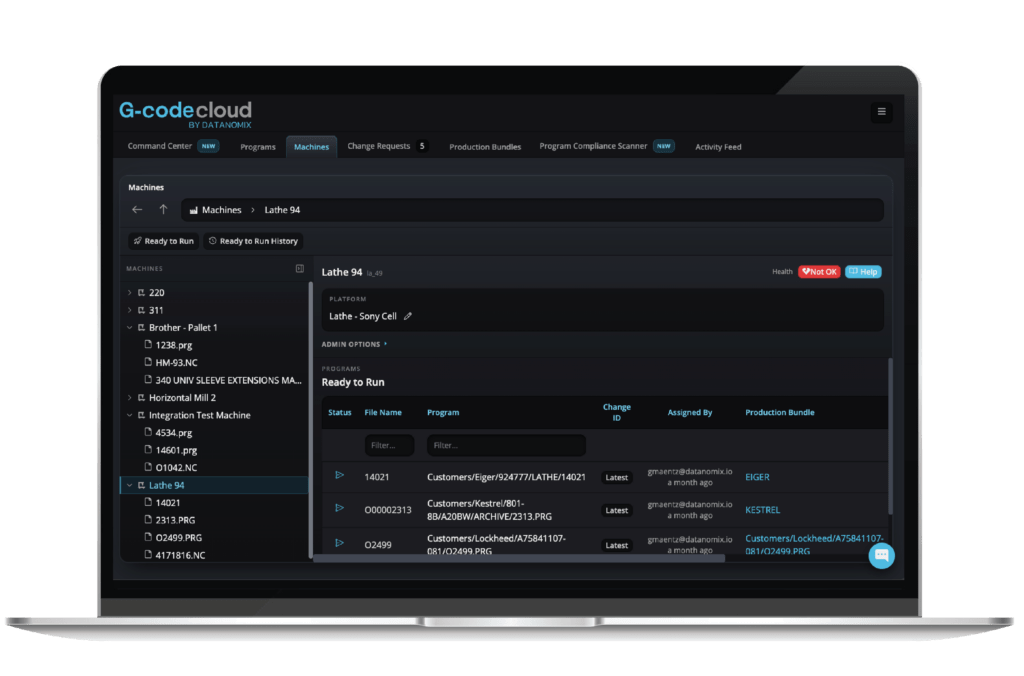 MACHINE ASSIGNMENT TAB
The right program, delivered straight to the machine. Each controller gets the latest approved revision through G-Code Cloud's DNC — no USB sticks, no wrong-rev scrap. The operator just runs the part.